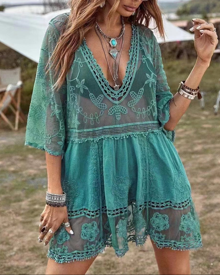 Boho Lace Beach Cover-Up Dress – V-Neck Sheer Swim Cover