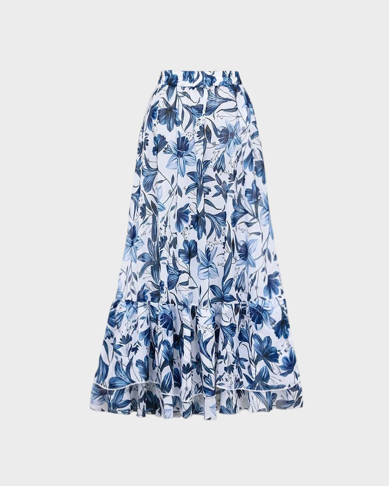 Blue Print Swimsuit Set with Cover Skirt V Neck Swimsuit Dress