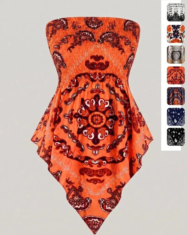 Boho Ethnic Print Tube Top Asym Hem