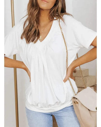 Women's Casual Summer V Neck Short Sleeve T Shirt Loose Fit Comfort Shirred Top