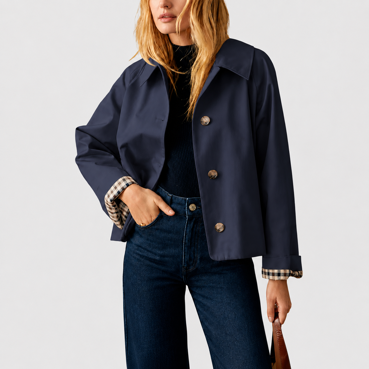 Women's Cropped Trench Coat Oversized Checkered Lining