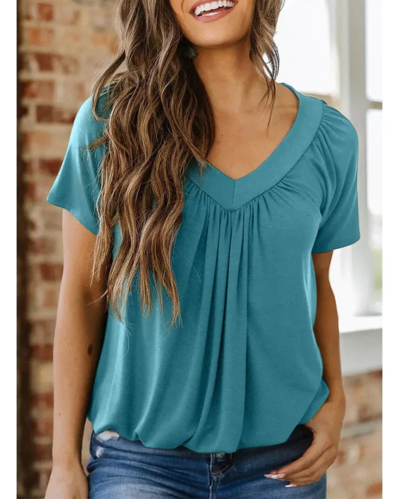 Women's Casual Summer V Neck Short Sleeve T Shirt Loose Fit Comfort Shirred Top