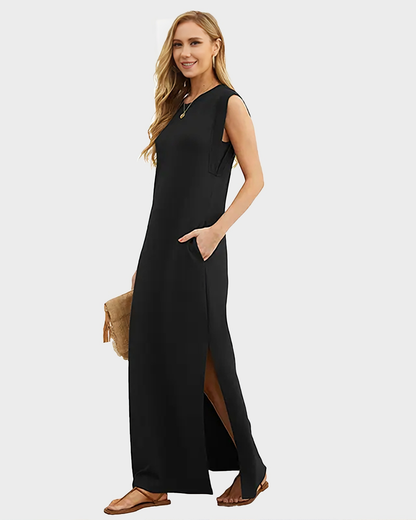 Women's Wrinkle Free Maxi Dress Loose Round Neck Split with Pockets