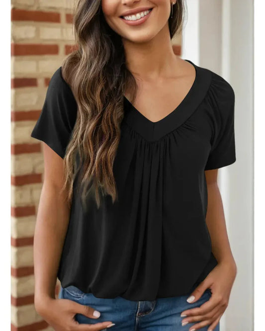 Women's Casual Summer V Neck Short Sleeve T Shirt Loose Fit Comfort Shirred Top