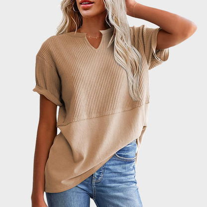 Women's Casual V Neck Waffle Knit Tops Short Sleeve T Shirts