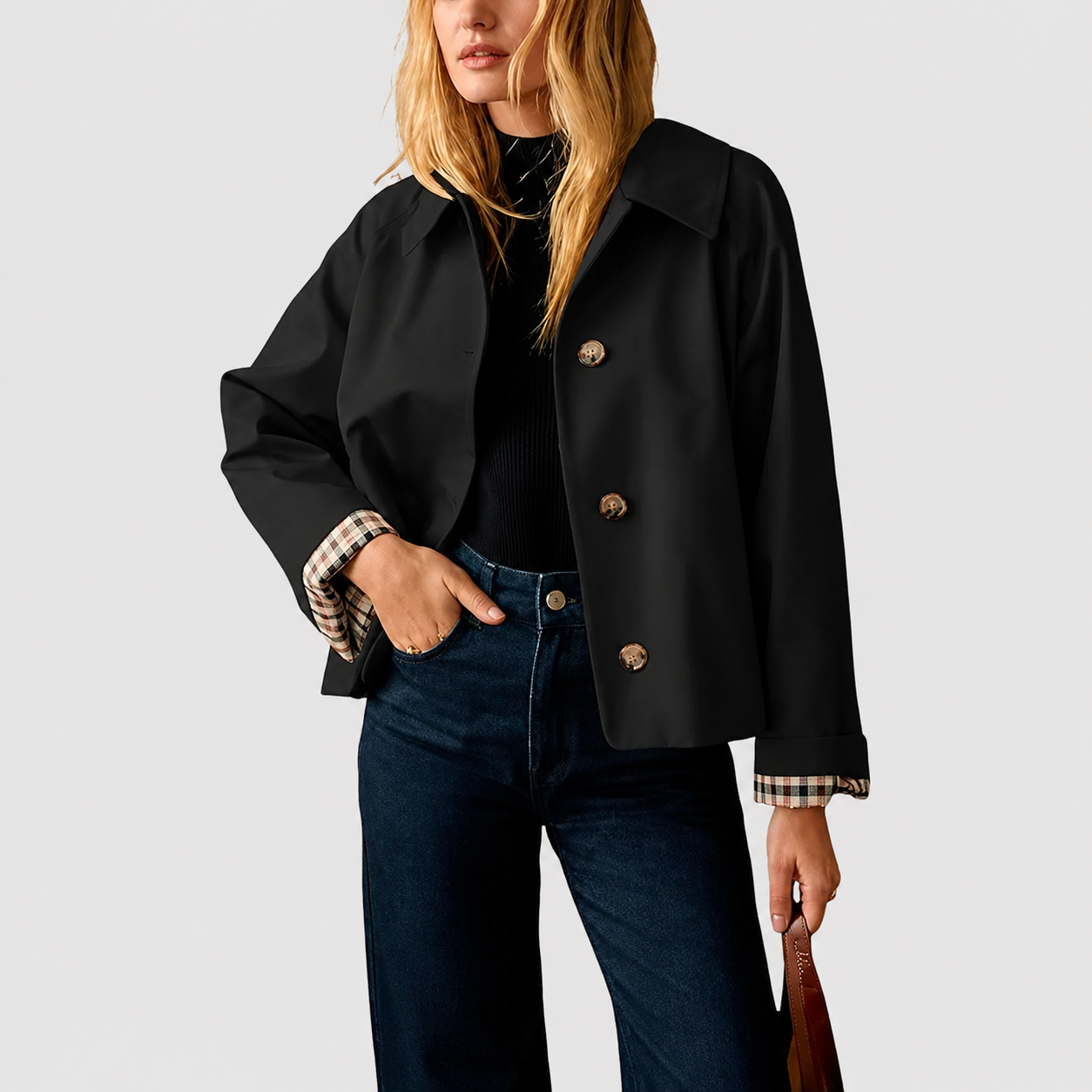 Women's Cropped Trench Coat Oversized Checkered Lining