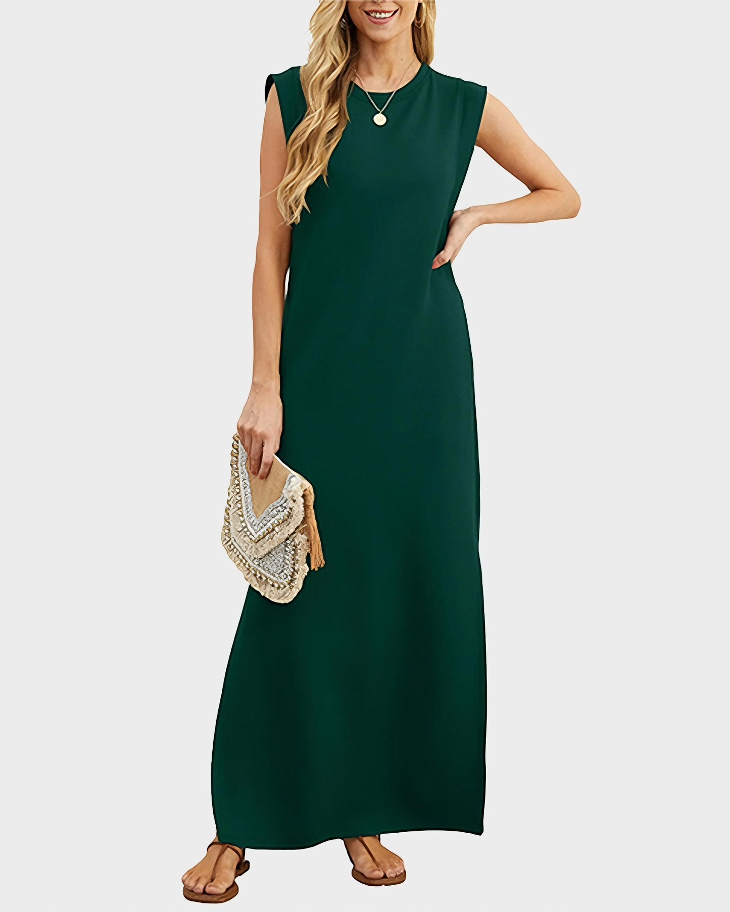 Women's Wrinkle Free Maxi Dress Loose Round Neck Split with Pockets