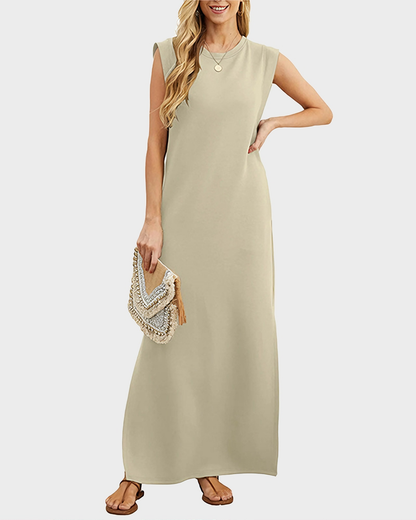 Women's Wrinkle Free Maxi Dress Loose Round Neck Split with Pockets