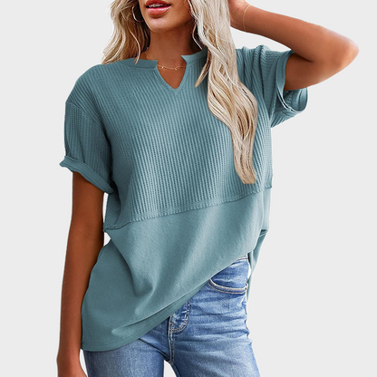 Women's Casual V Neck Waffle Knit Tops Short Sleeve T Shirts