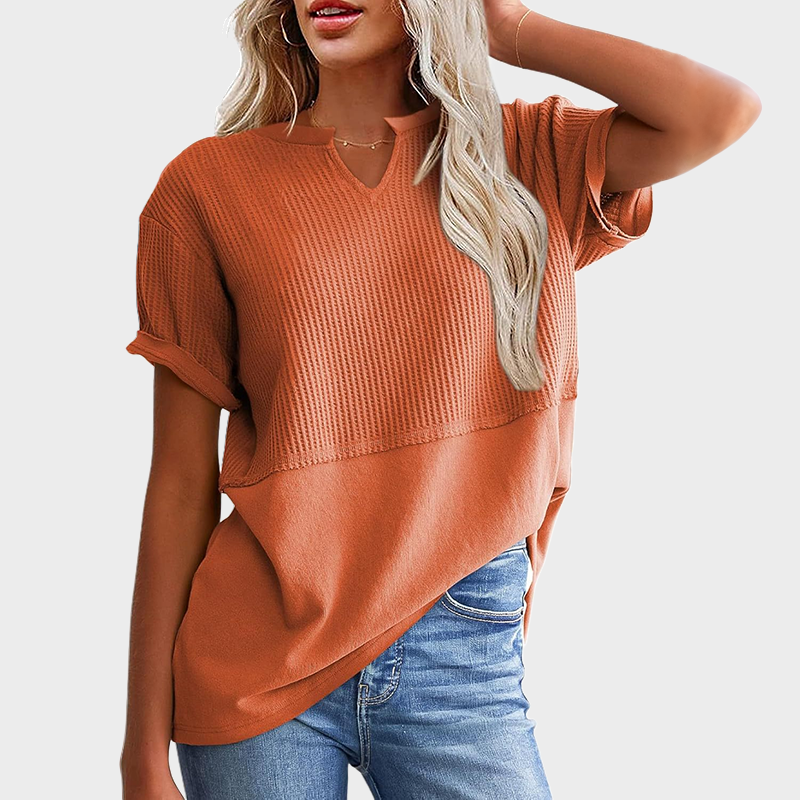 Women's Casual V Neck Waffle Knit Tops Short Sleeve T Shirts