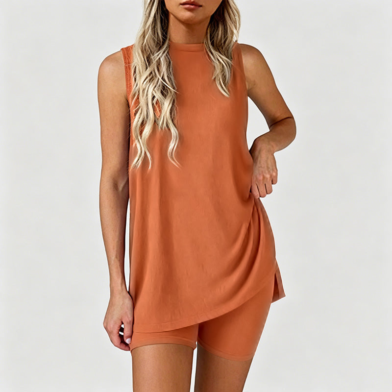 Sleeveless Top And Shorts Solid Color Set