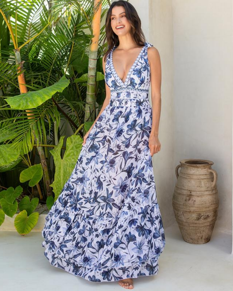 Blue Print Swimsuit Set with Cover Skirt V Neck Swimsuit Dress