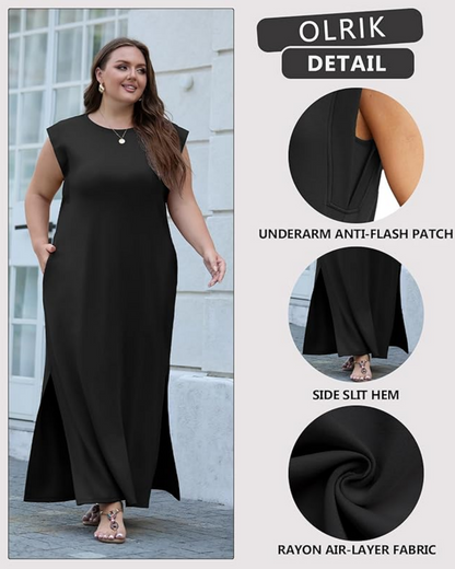 Women's Wrinkle Free Maxi Dress Loose Round Neck Split with Pockets