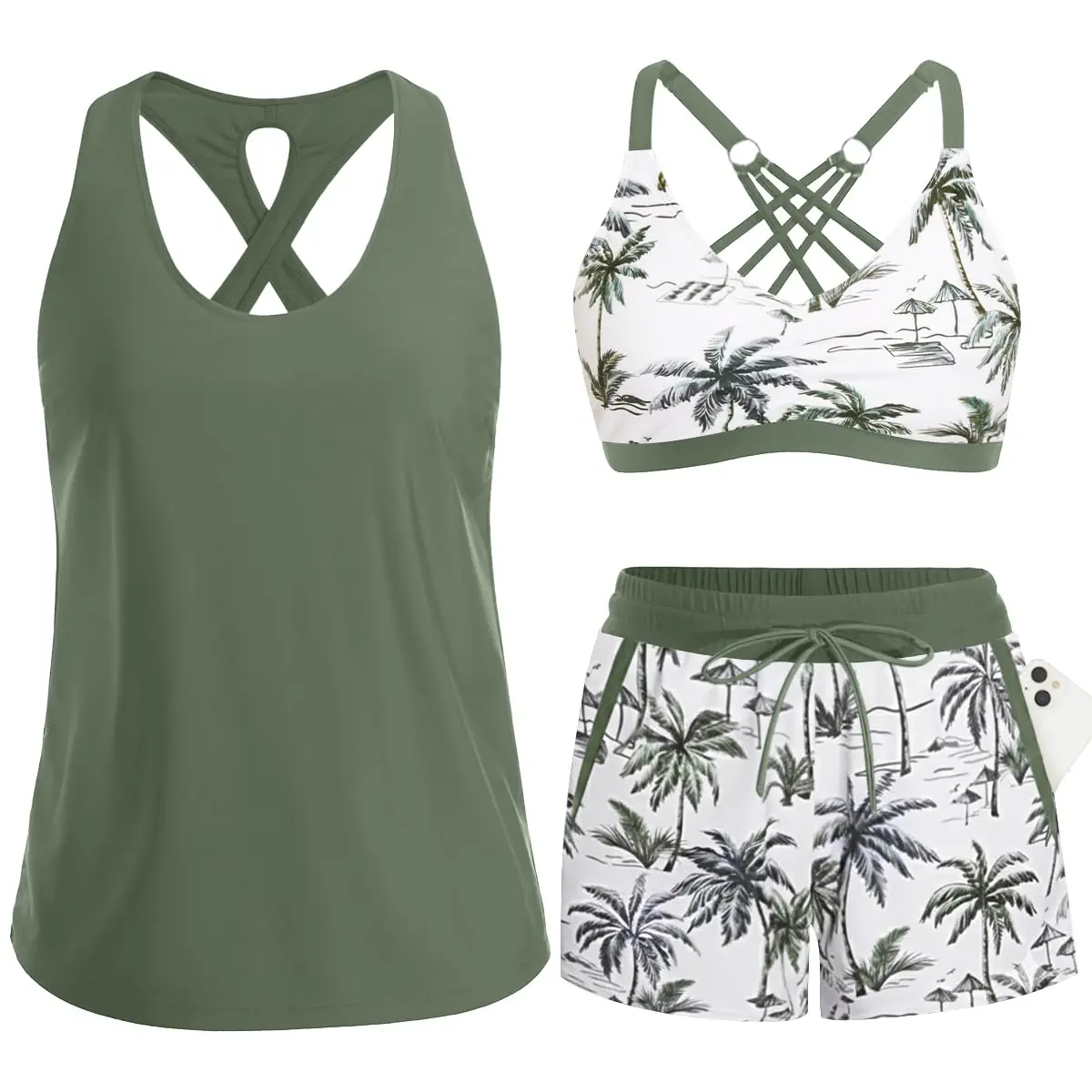 Women's Sporty Tankini Set with Shorts Pockets Athletic Bathing Suit 2026 Modest