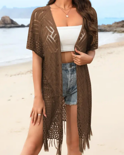 Women's Lightweight Crochet Cardigan Oversized Open Front Tassel Kimono