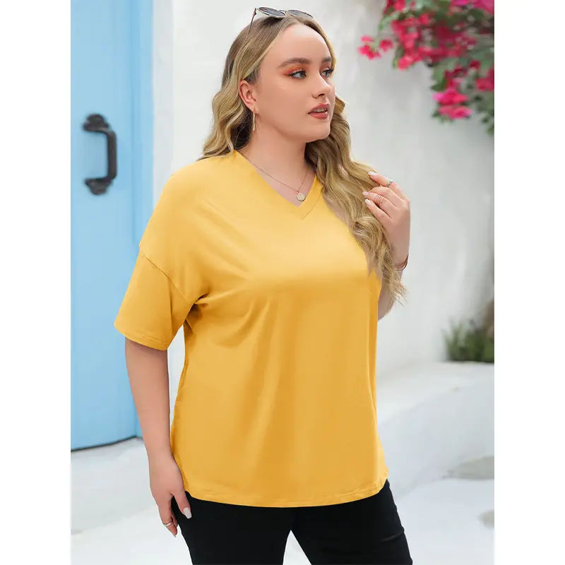 Women's Plus Size V Neck Half Sleeve Tunic Tee Loose Fit Cotton Summer