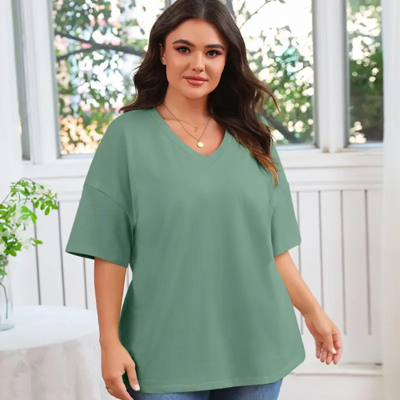 Women's Plus Size V Neck Half Sleeve Tunic Tee Loose Fit Cotton Summer