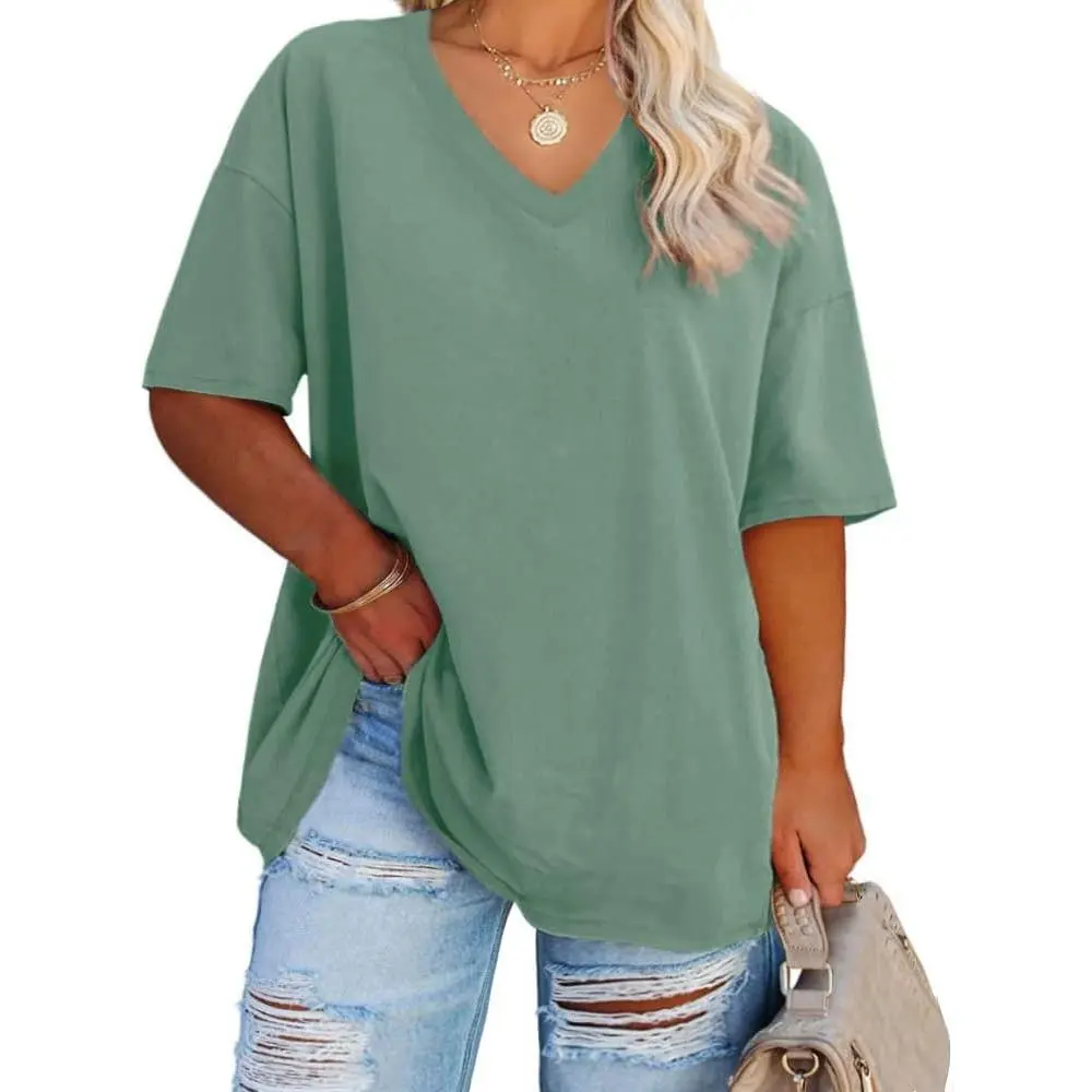 Women's Plus Size V Neck Half Sleeve Tunic Tee Loose Fit Cotton Summer