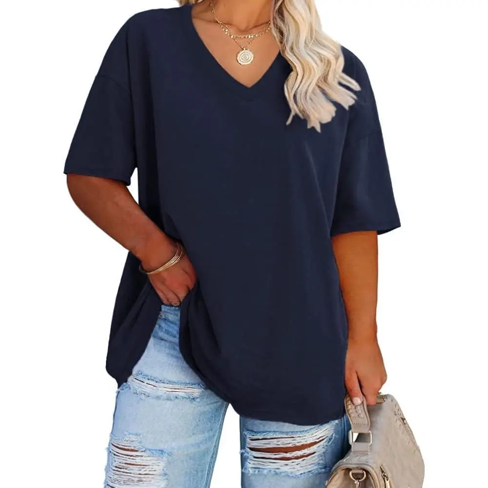Women's Plus Size V Neck Half Sleeve Tunic Tee Loose Fit Cotton Summer