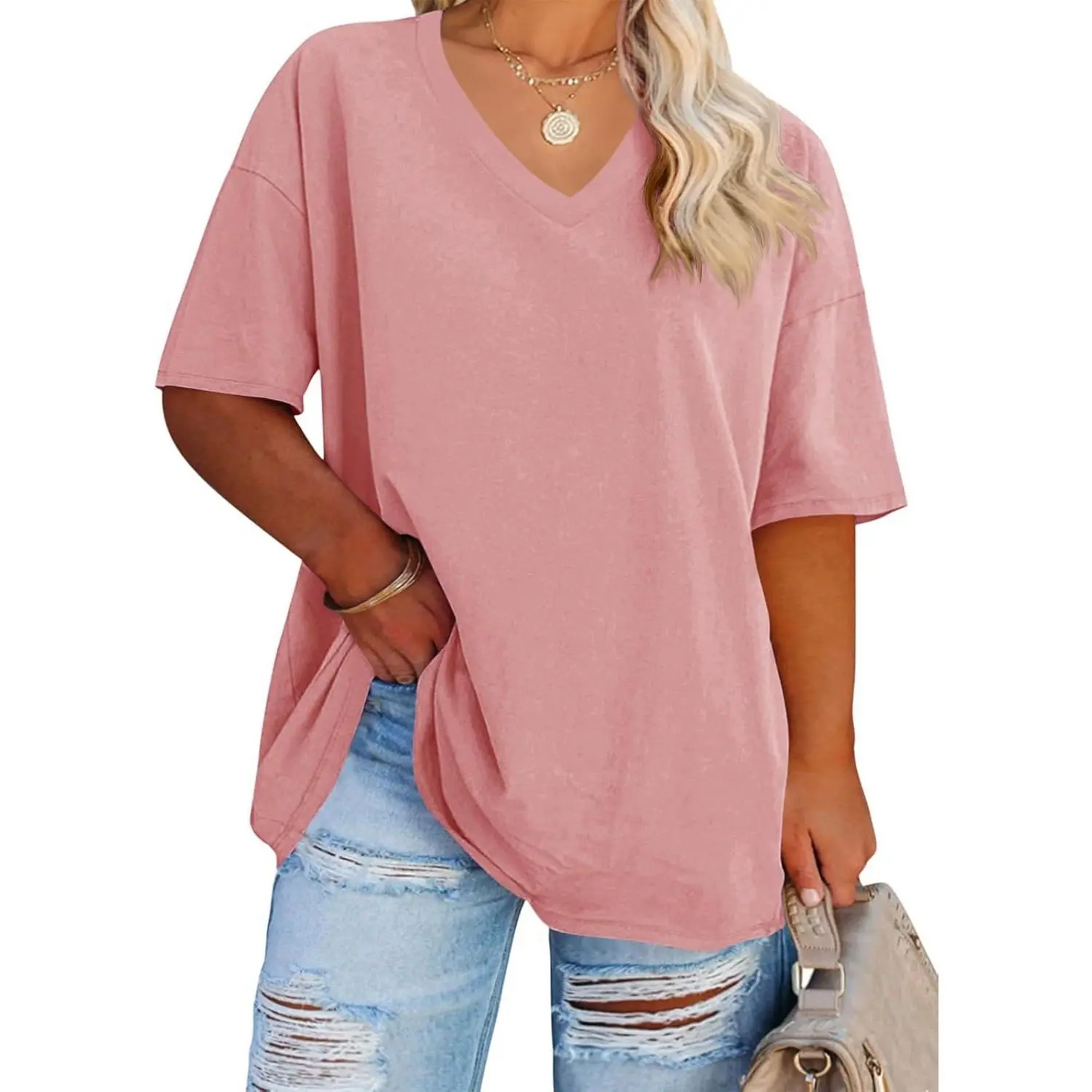 Women's Plus Size V Neck Half Sleeve Tunic Tee Loose Fit Cotton Summer