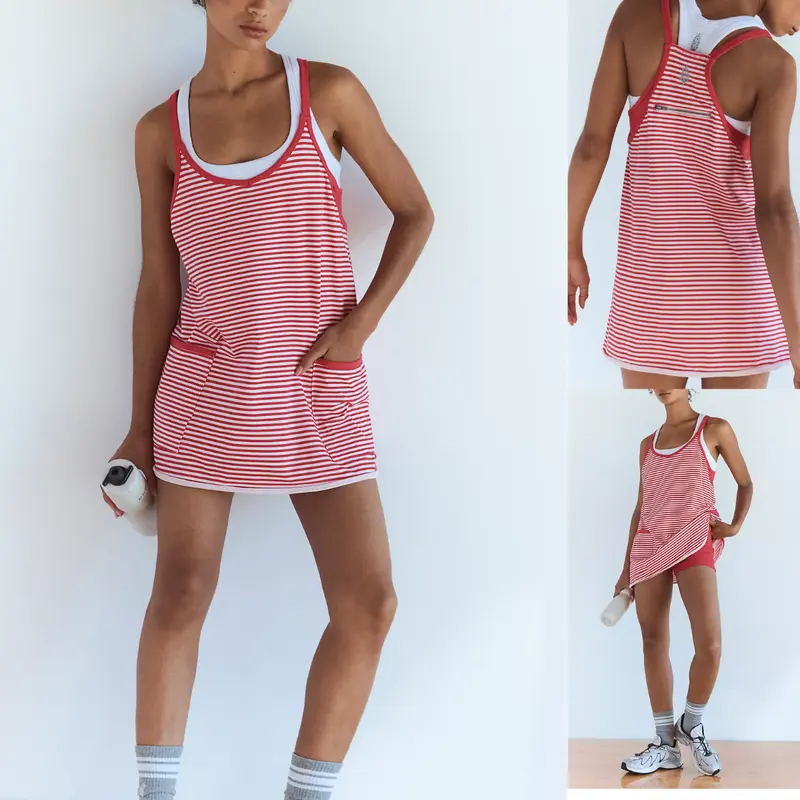 Women's Summer U Neck Sleeveless Striped Mini Dress with Built-in Shorts
