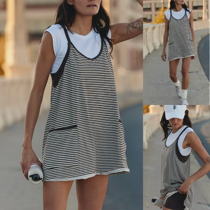 Women's Summer U Neck Sleeveless Striped Mini Dress with Built-in Shorts