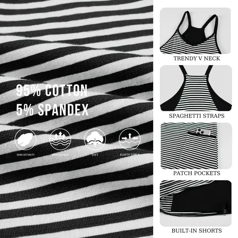 Women's Summer U Neck Sleeveless Striped Mini Dress with Built-in Shorts