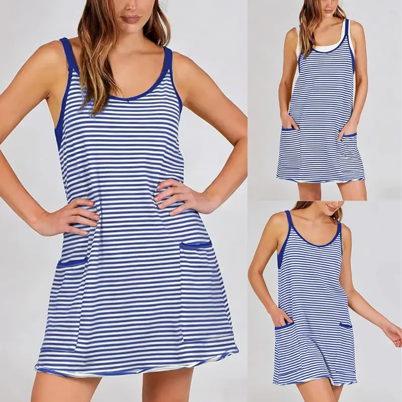 Women's Summer U Neck Sleeveless Striped Mini Dress with Built-in Shorts