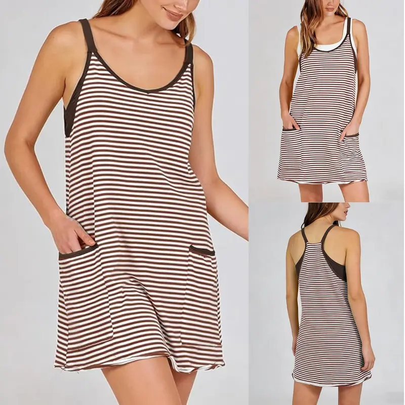 Women's Summer U Neck Sleeveless Striped Mini Dress with Built-in Shorts