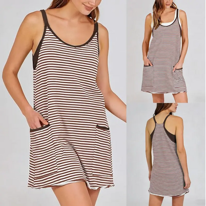 Women's Summer U Neck Sleeveless Striped Mini Dress with Built-in Shorts