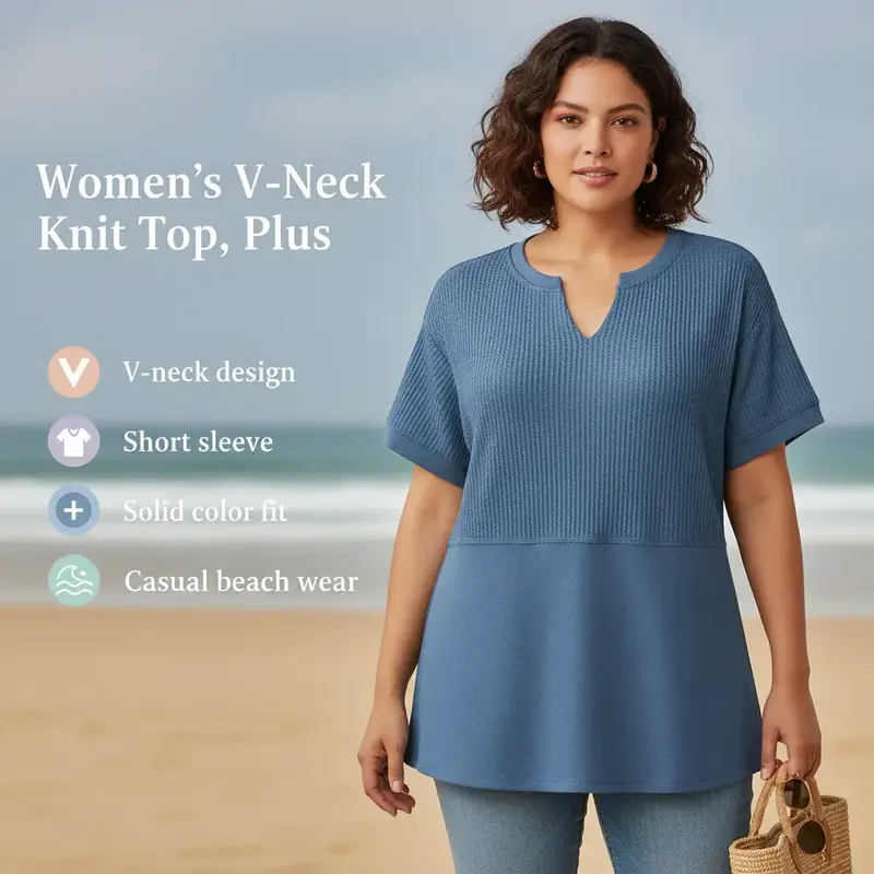 Women's Casual V Neck Waffle Knit Tops Short Sleeve T Shirts