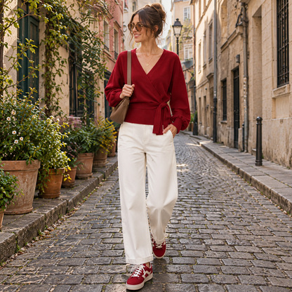 V-Neck Wrap Tie-Waist Knit Top