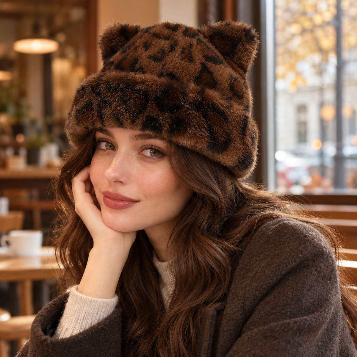 Leopard Print Plush Cat Ear Hat