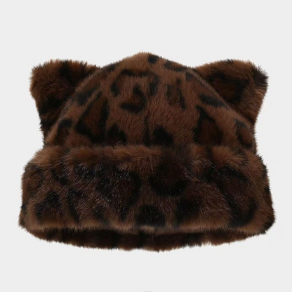 Leopard Print Plush Cat Ear Hat