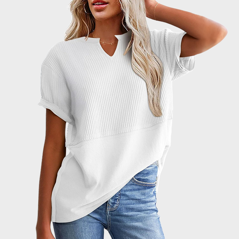Women's Casual V Neck Waffle Knit Tops Short Sleeve T Shirts