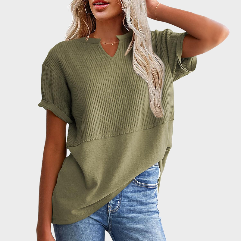 Women's Casual V Neck Waffle Knit Tops Short Sleeve T Shirts
