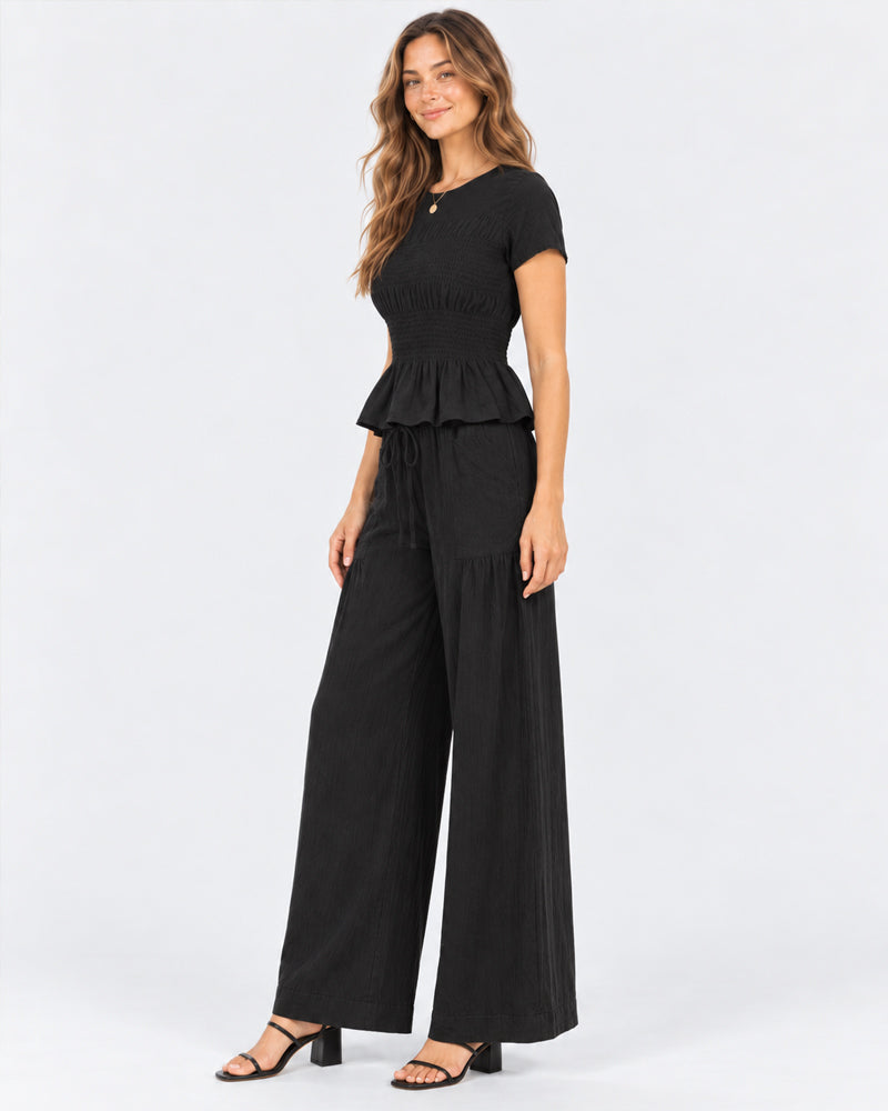 Women's 2 Piece Boho Set Smocked Top Wide Leg Pants