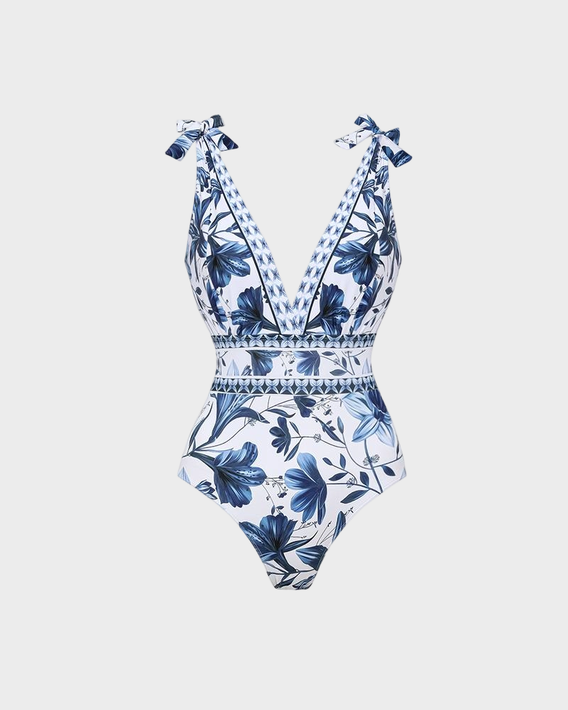 Blue Print Swimsuit Set with Cover Skirt V Neck Swimsuit Dress