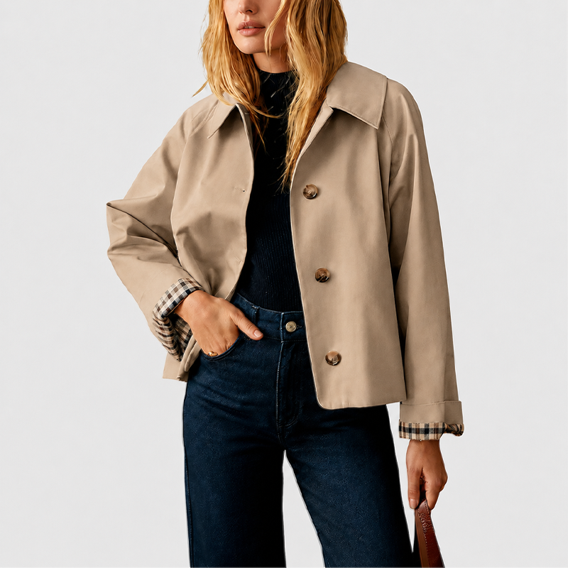 Women's Cropped Trench Coat Oversized Checkered Lining