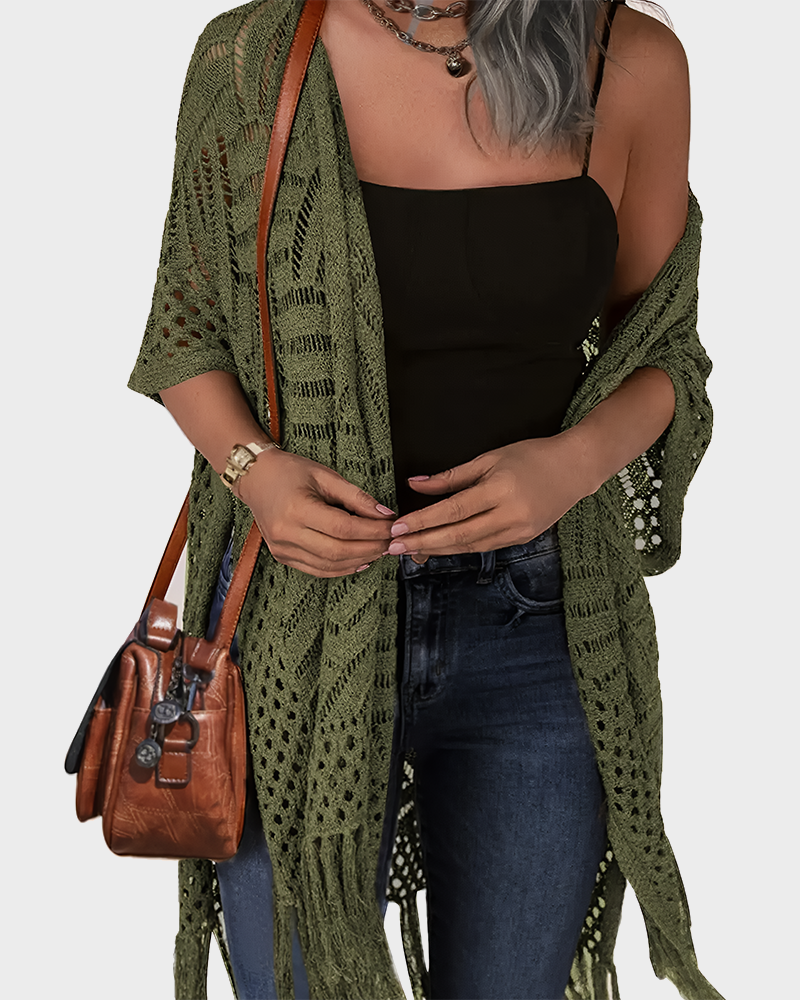 Women's Lightweight Crochet Cardigan Oversized Open Front Tassel Kimono