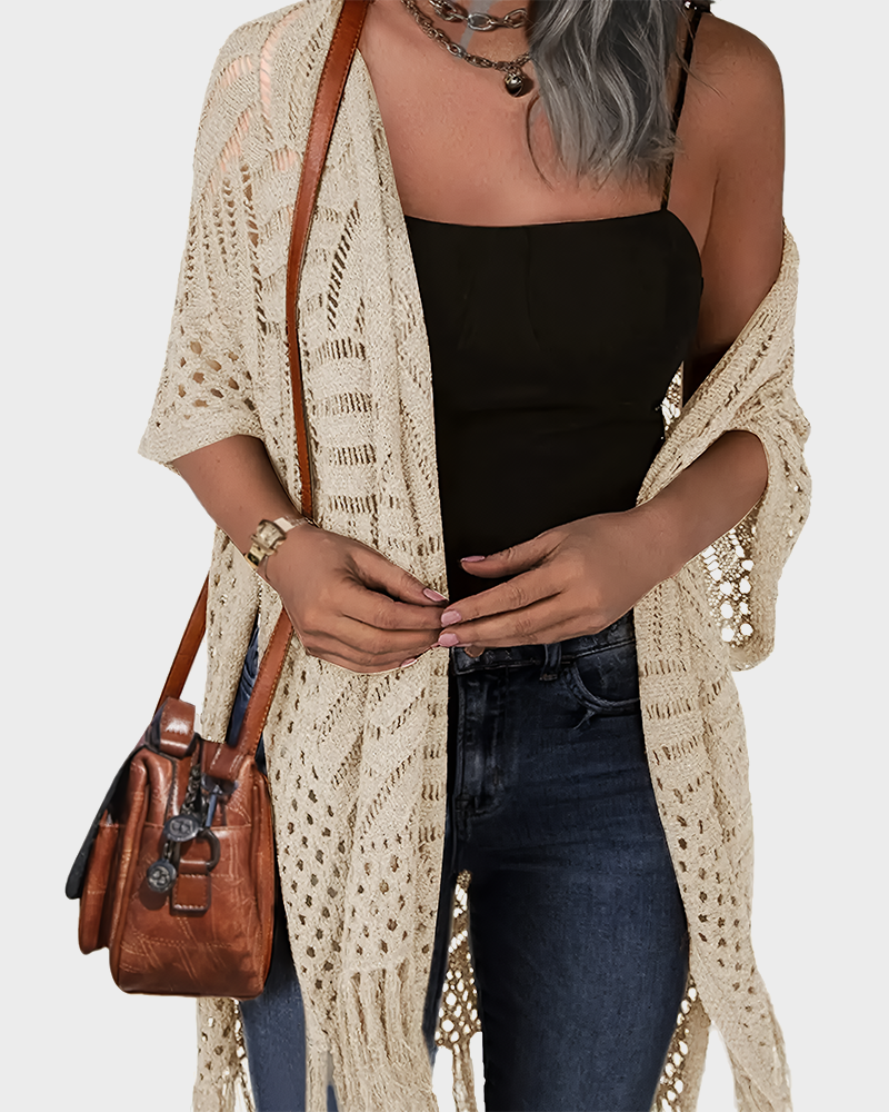 Women's Lightweight Crochet Cardigan Oversized Open Front Tassel Kimono