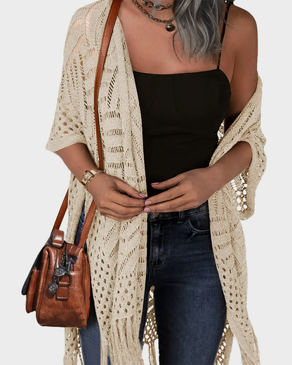 Women's Lightweight Crochet Cardigan Oversized Open Front Tassel Kimono