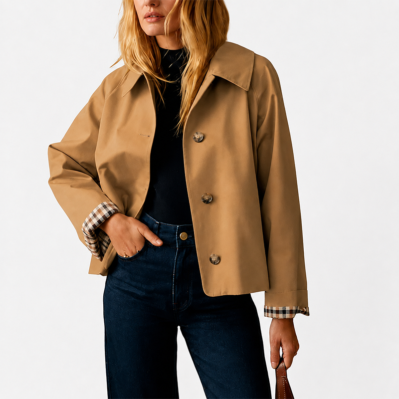 Women's Cropped Trench Coat Oversized Checkered Lining