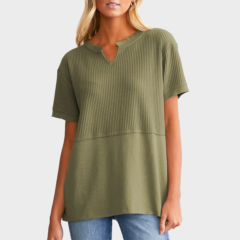 Women's Casual V Neck Waffle Knit Tops Short Sleeve T Shirts