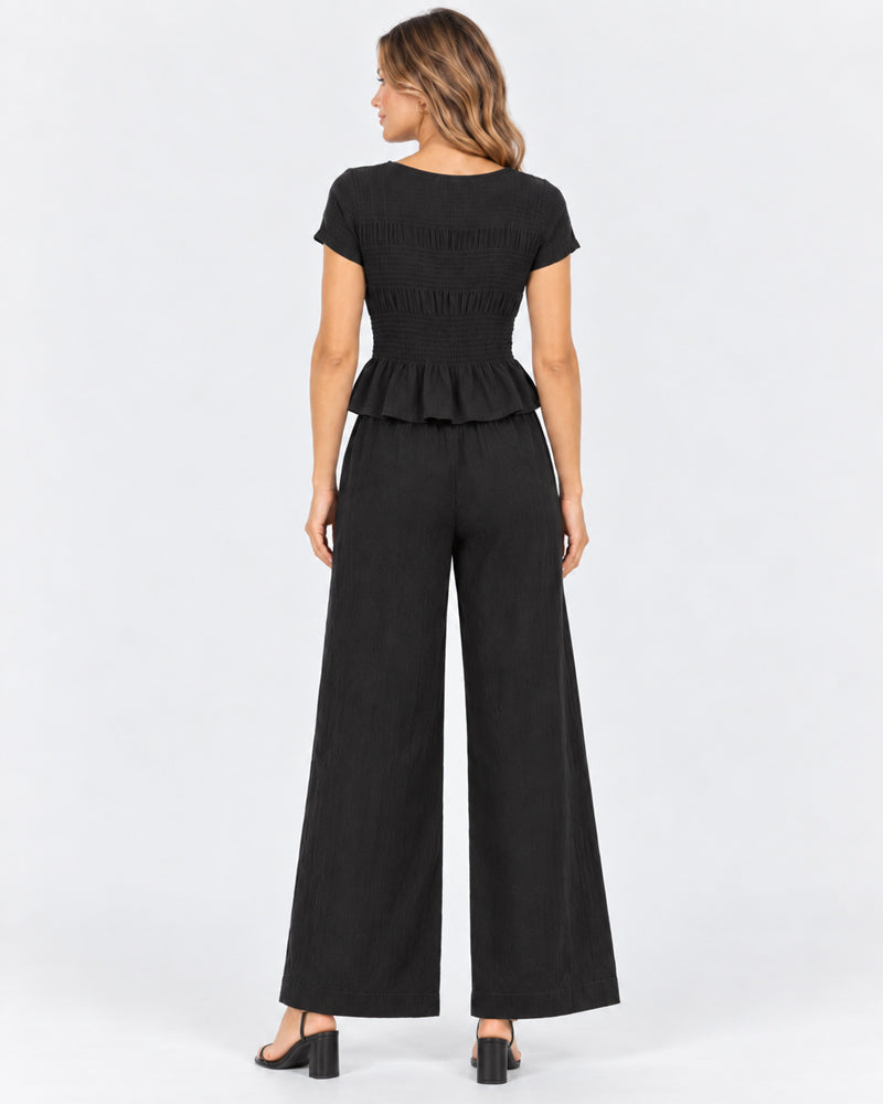Women's 2 Piece Boho Set Smocked Top Wide Leg Pants
