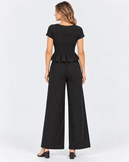 Women's 2 Piece Boho Set Smocked Top Wide Leg Pants
