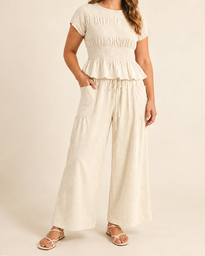 Women's 2 Piece Boho Set Smocked Top Wide Leg Pants