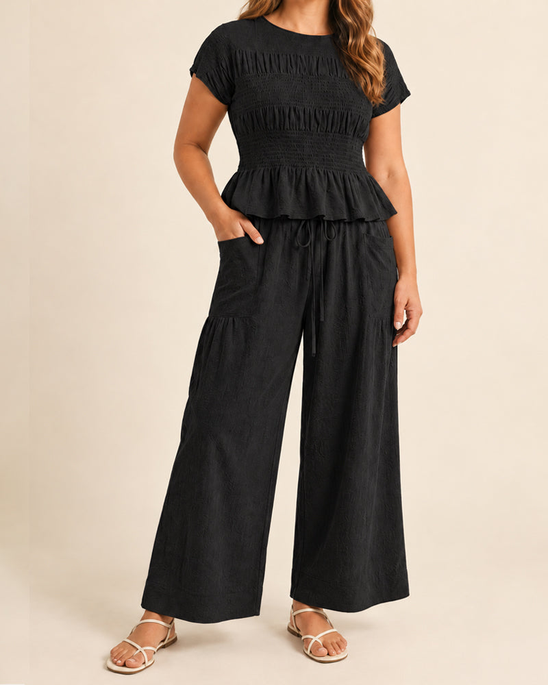 Women's 2 Piece Boho Set Smocked Top Wide Leg Pants