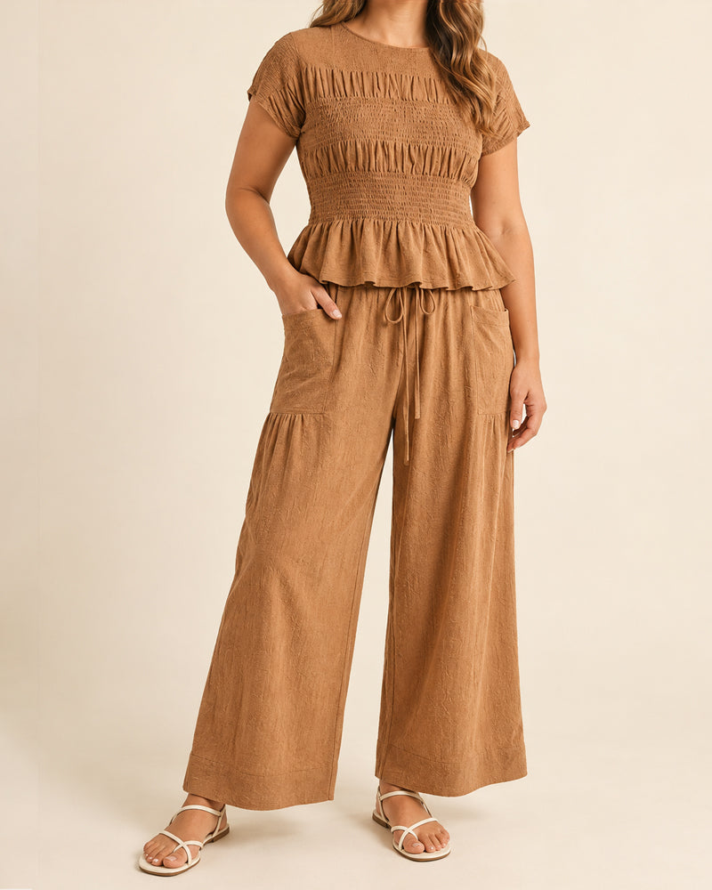 Women's 2 Piece Boho Set Smocked Top Wide Leg Pants