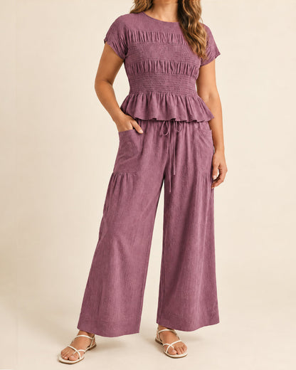 Women's 2 Piece Boho Set Smocked Top Wide Leg Pants